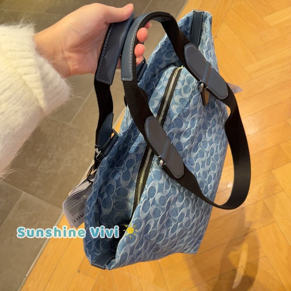 NWT Coach MEN'S Small Tour Tote Bag In Signature Denim CDF24 Silver/Denim - Picture 5 of 13